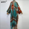 WINYI Winter African cardigan Classic plaid print abaya outfits for women Fringed coat Open Front Kimono long down party dress