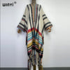 WINYI Winter African cardigan Classic plaid print abaya outfits for women Fringed coat Open Front Kimono long down party dress