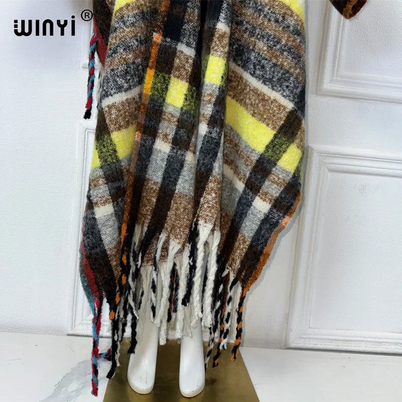 كارديجان شتوي من WINYI أفريقي بطبعة مربعات كلاسيكية عباية نسائية معطف بشرّابات كيمونو مفتوح من الأمام فستان حفلات طويل