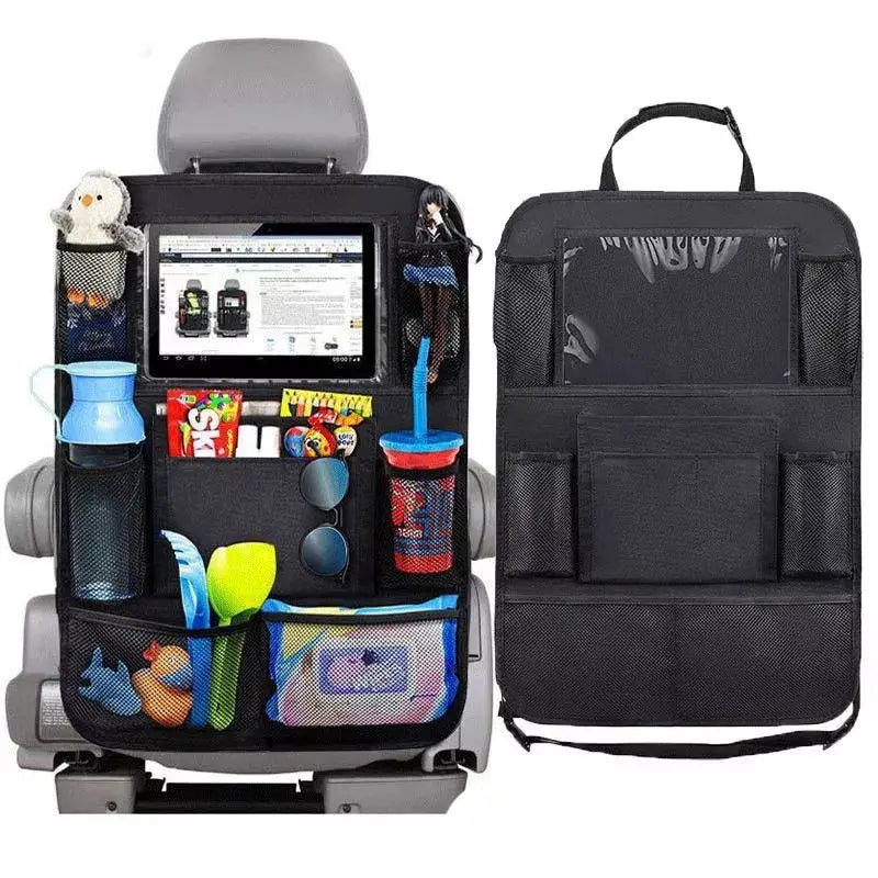 Car backseat organizer with tablet holder and storage pockets attached to car seat backrest