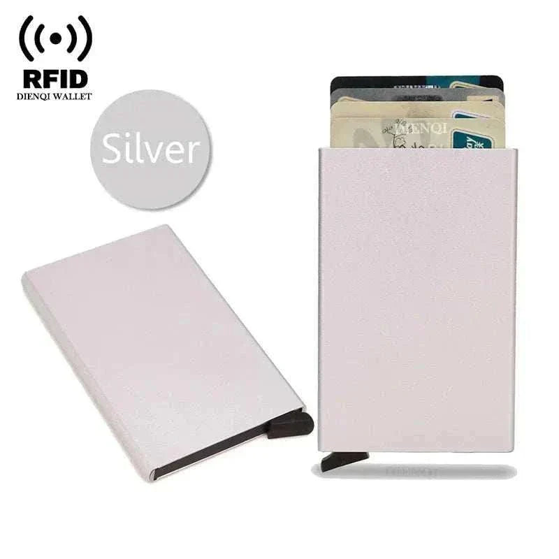 Slim black metal RFID credit card holder wallet with pop-up feature for men and women