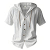 Cotton Linen Shirt for Men Hooded Short Sleeve Solid Color Breathable Lightweight Drawstring Design Shirts Casual Basic Tees
