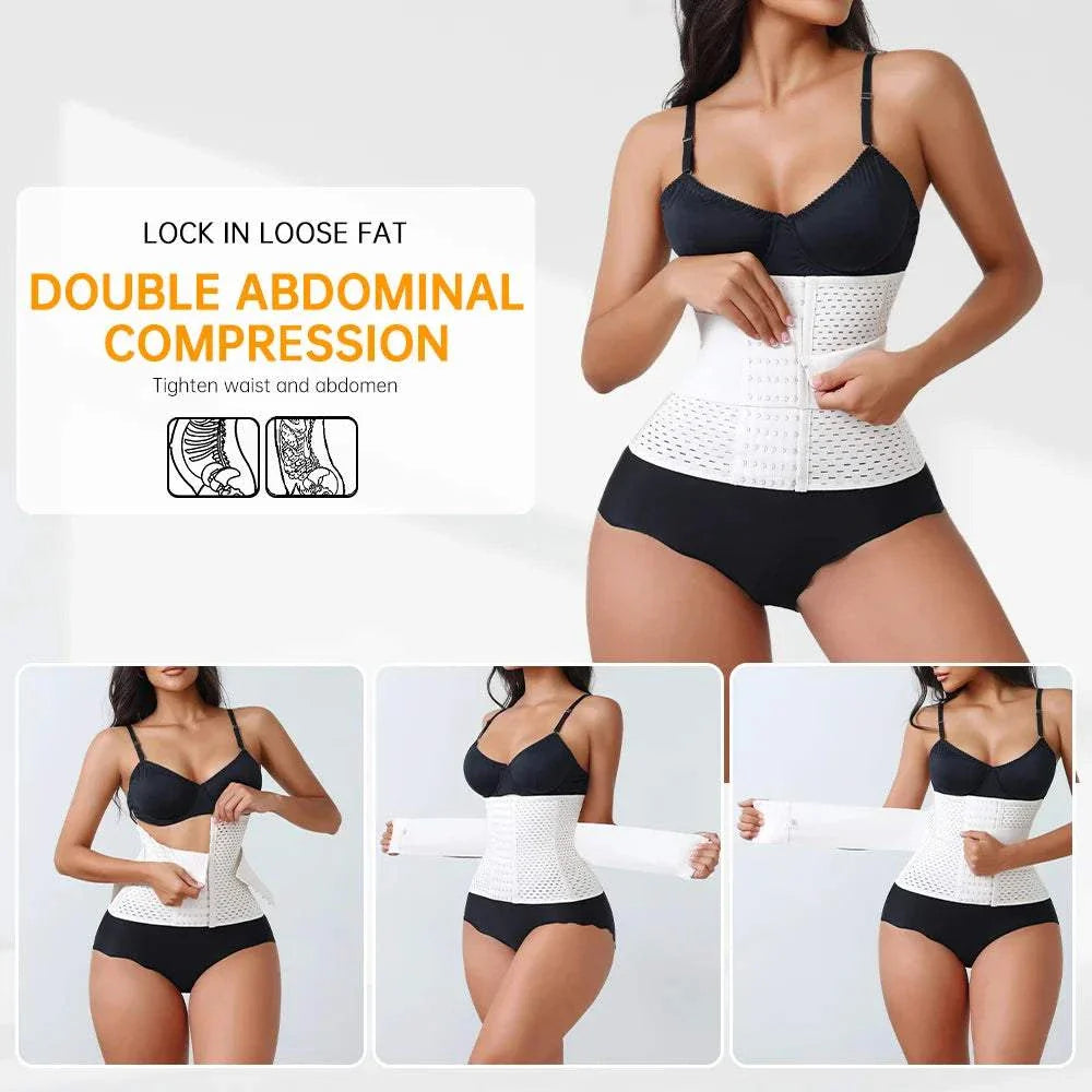 Adjustable waist trainer with double belts and zipper for tummy control and back support in neoprene material