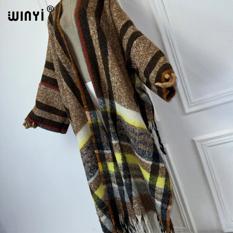 كارديجان شتوي من WINYI أفريقي بطبعة مربعات كلاسيكية عباية نسائية معطف بشرّابات كيمونو مفتوح من الأمام فستان حفلات طويل