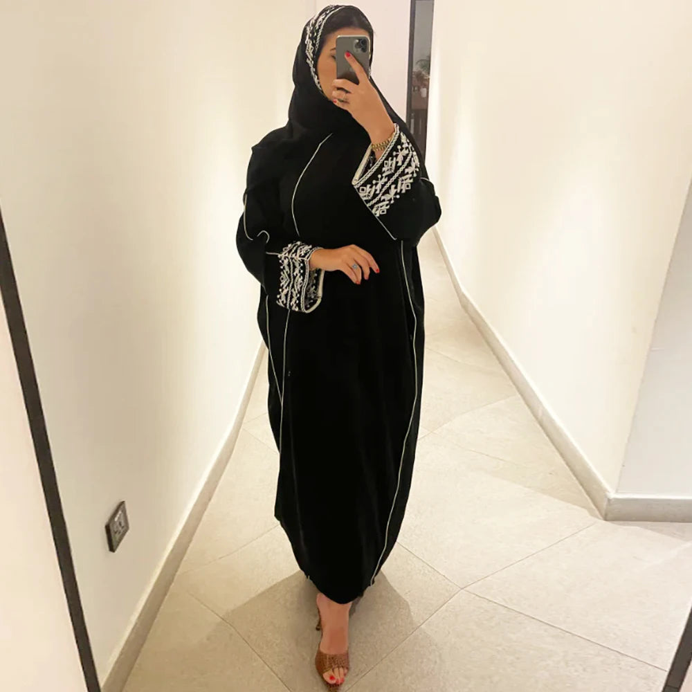عباية كلاسيكية مطرزة، فستان حجاب، كيمونو، ملابس خارجية، كم طويل، فضفاض، عربي، مسلم، دبي، قفطان مغربي