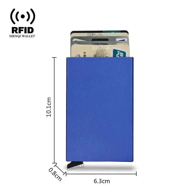 Sleek black metal RFID credit card holder with slim pop-up design for men and women