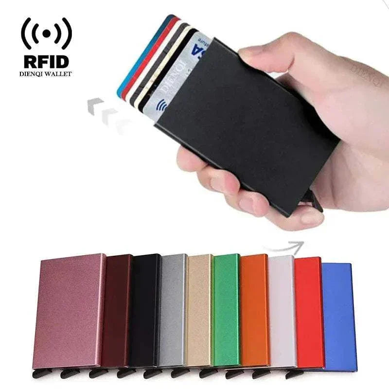 Slim metal RFID credit card holder wallet with pop-up feature for men and women