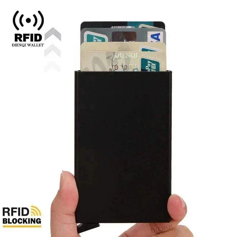 Slim black metal RFID credit card holder wallet with pop-up feature, minimalist and secure for men and women