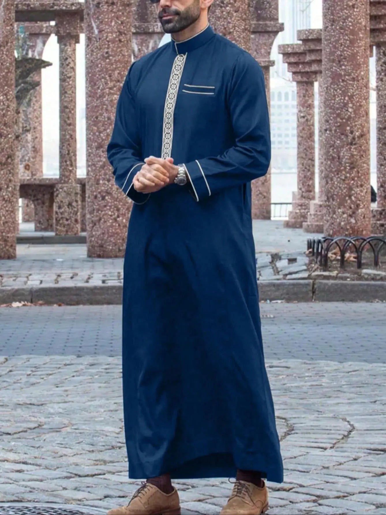 روب رجالي فاخر إسلامي للرجال المسلمين العرب، ثوب عربي رجالي بأكمام طويلة وياقة مطرزة قائمة
