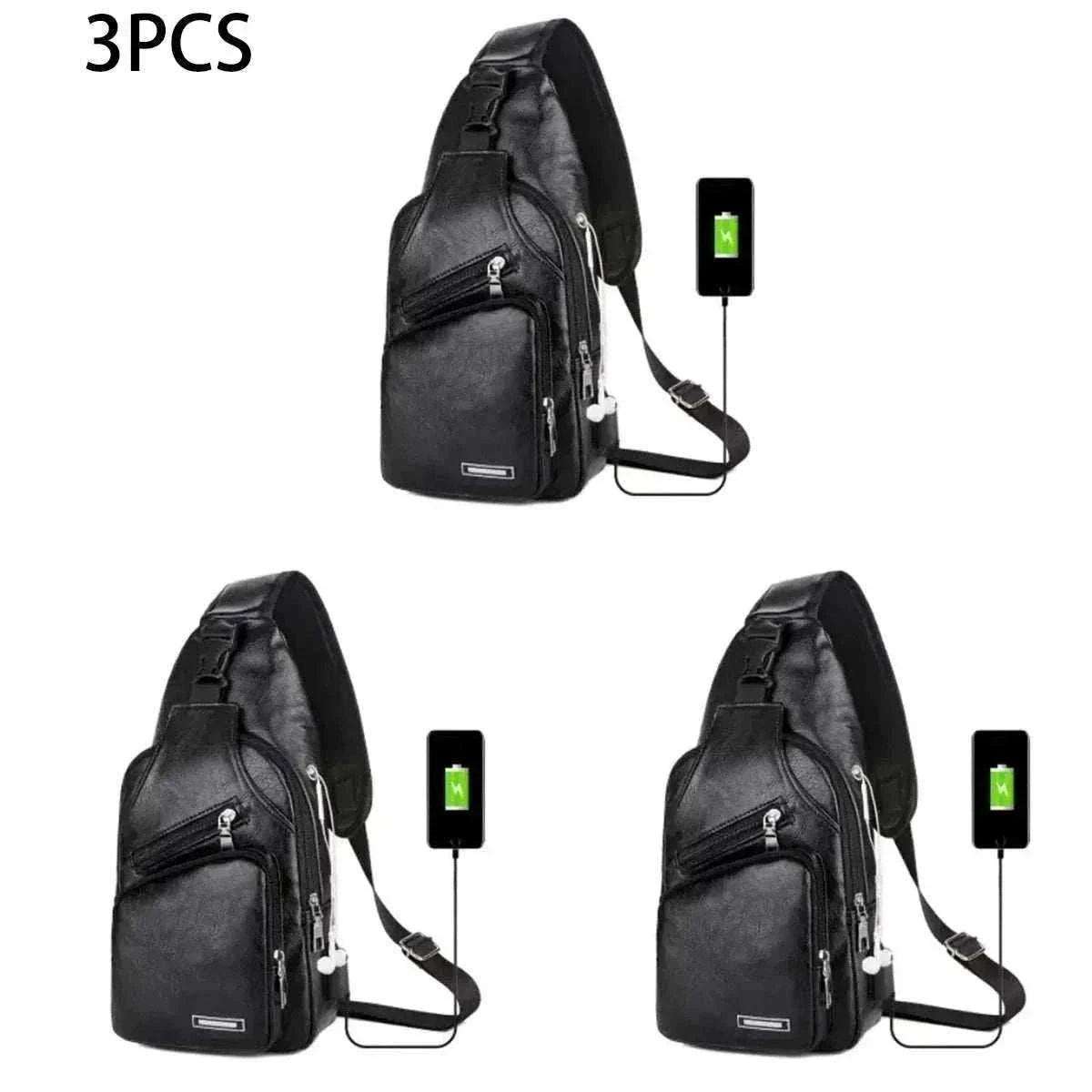 Simple and fashionable casual men's PU chest bag with USB charging and zipper crossbody design for commuting