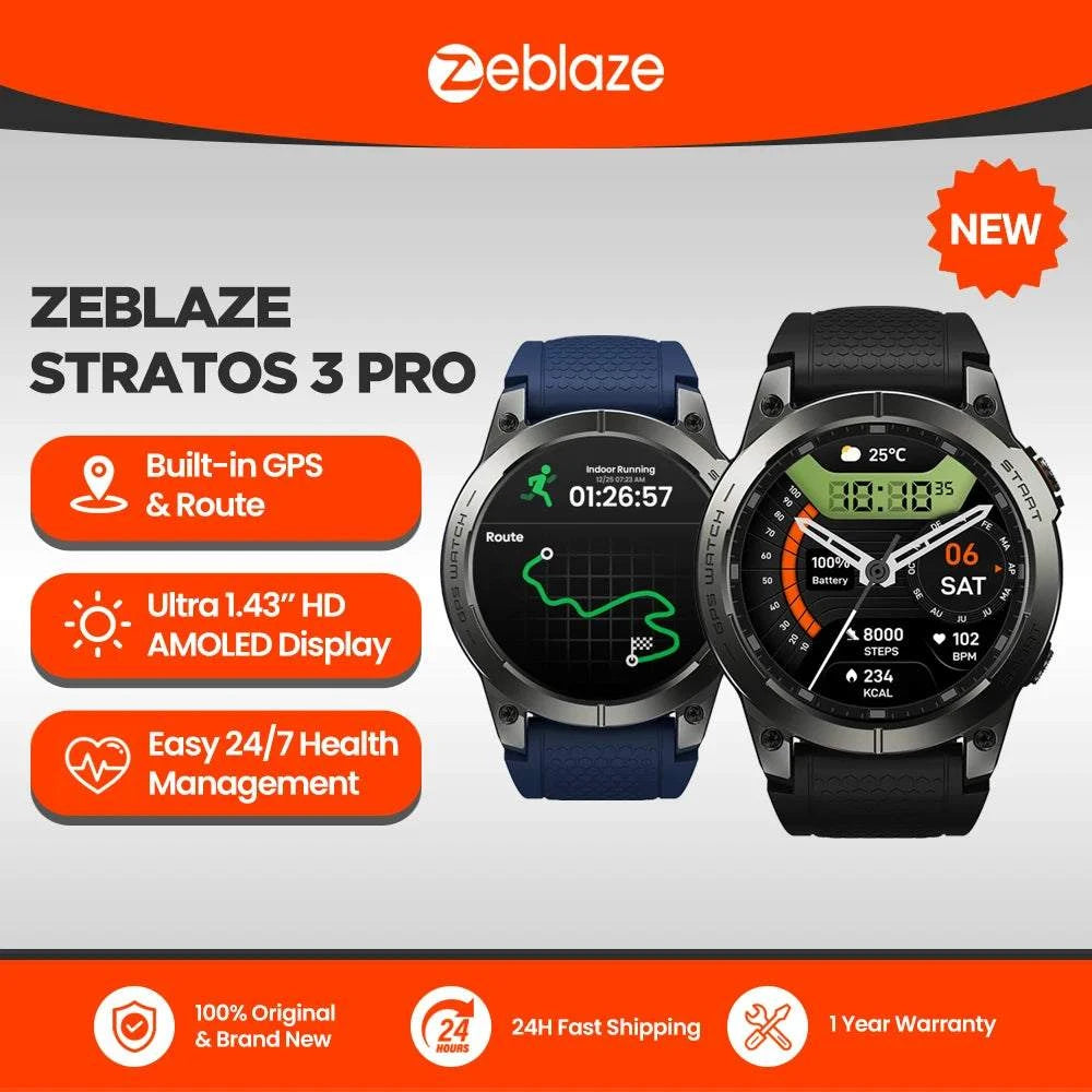 ساعة ذكية جديدة Zeblaze Stratos 3 Pro بنظام تحديد المواقع GPS، شاشة AMOLED عالية الدقة بحجم 1.43 بوصة، نظام تحديد المواقع GPS مدمج، مكالمات هاتفية عبر البلوتوث، ساعة ذكية رياضية للرجال