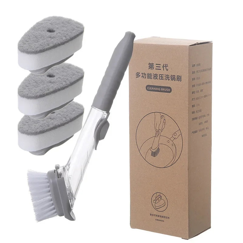 2-in-1 kitchen cleaning brush with long handle, removable sponge dispenser, and scraper for dishwashing