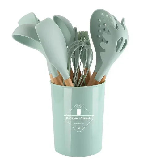 12PCS Silicone Kitchenware Non-Stick Cookware Kitchen Utensils Set Spatula Shovel Egg Beaters Wooden Handle Cooking Tool Set