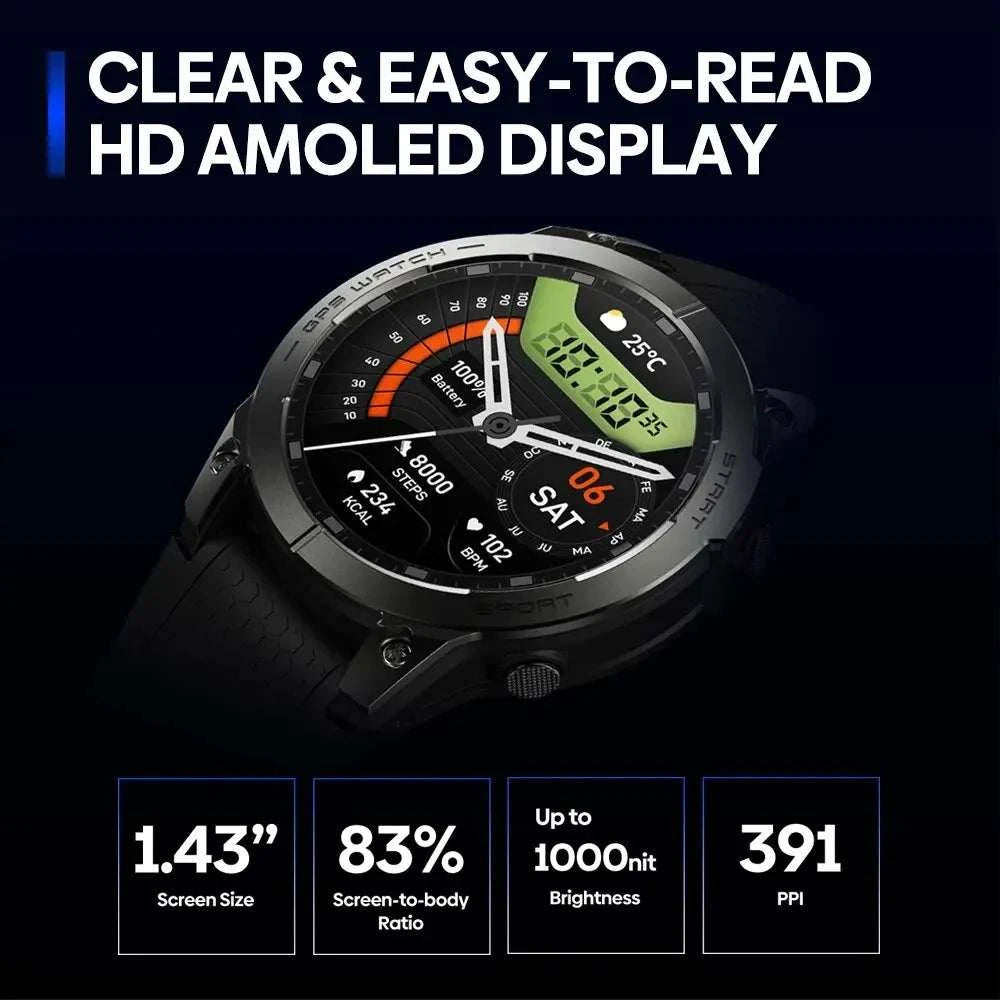 ساعة ذكية جديدة Zeblaze Stratos 3 Pro بنظام تحديد المواقع GPS، شاشة AMOLED عالية الدقة بحجم 1.43 بوصة، نظام تحديد المواقع GPS مدمج، مكالمات هاتفية عبر البلوتوث، ساعة ذكية رياضية للرجال