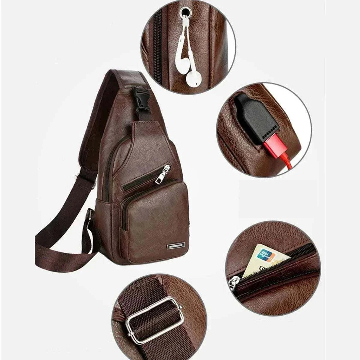 Simple and fashionable casual men's solid color PU crossbody chest bag with USB charging port for commuting