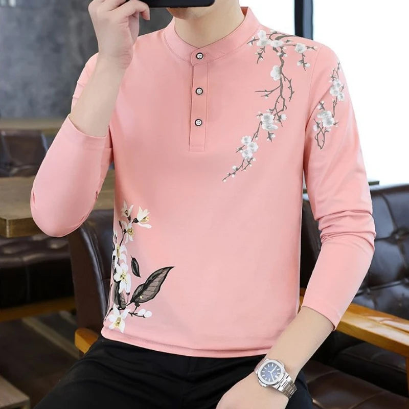 Men's Premium Cotton Slim Fit Long Sleeve Polo Shirt Spring Autumn Fashion Casual Trendy Basic Top for Daily Wear