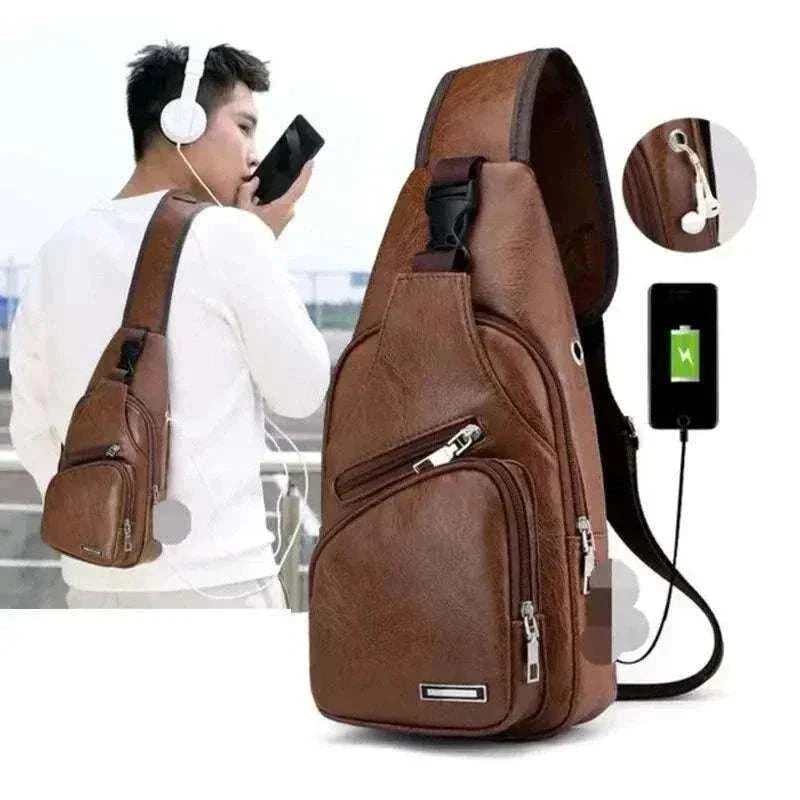 Simple and fashionable casual men's PU chest bag with USB charging and zipper crossbody design