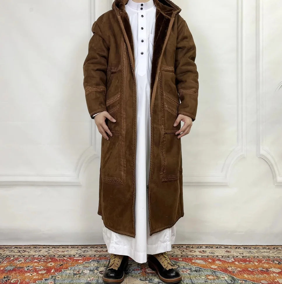 Wholesale Men's Scalp Abaya Men Winter Fur Thicken Suede Men's Robe Cardigan Bisht Muslim Coat Fleece Warm Islam Clothing