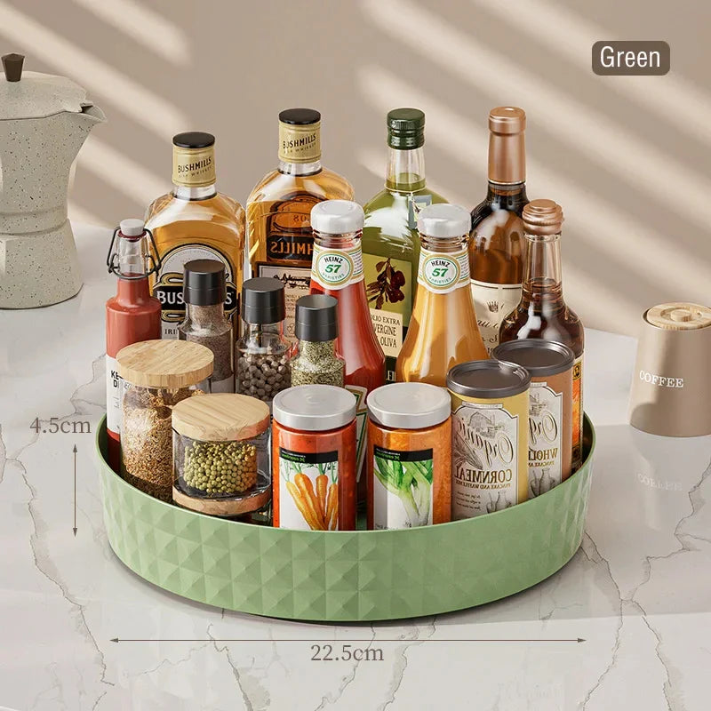360-degree rotating kitchen rotatable condiment storage rack in green with non-slip base and spacious design