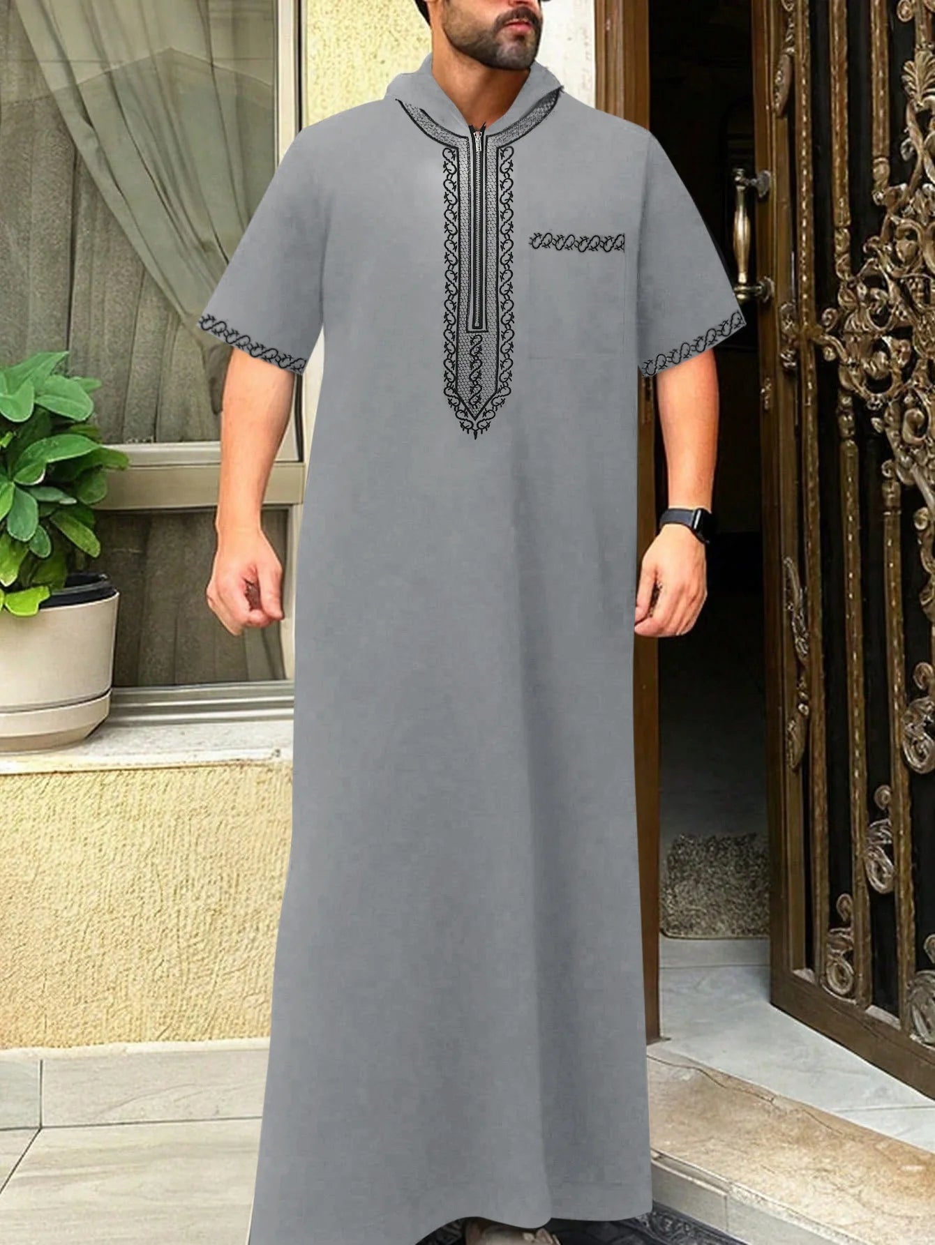 Mid East Islamic Men Clothing Muslim Fashion Abaya Long Sleeve Embroidered Loose Stand Collar Robe Ethnic Style Men Jubba Thobe