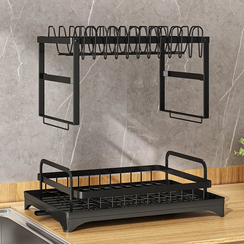 Multifunctional 2-tier rustproof dish drying rack with drainboard, utensil and cup holders, space-saving kitchen organizer