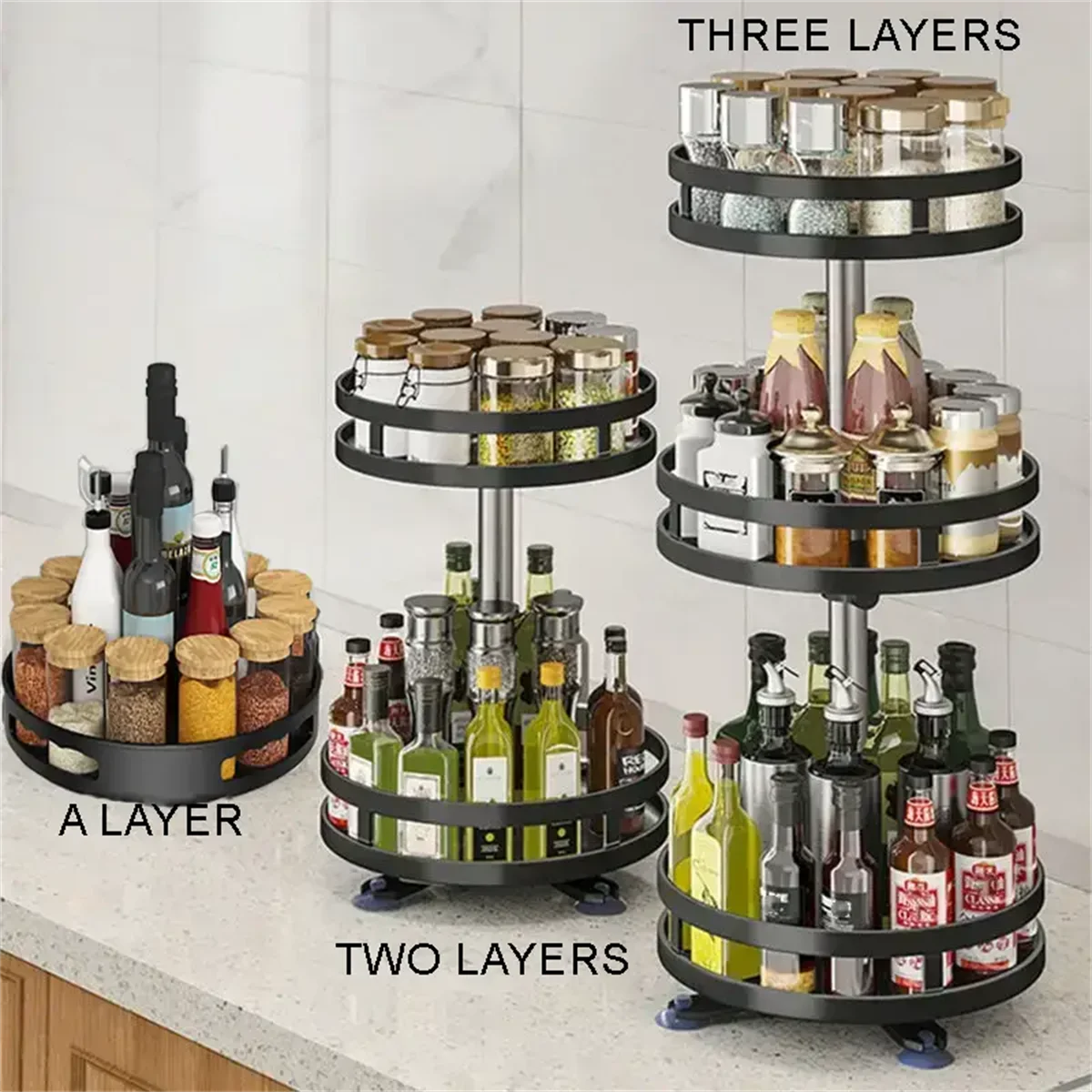 360° Rotation Carbon Steel Spice Rack Organizer Non-Skid Kitchen Storage Tray for Seasonings And Cans - Efficient Spice
