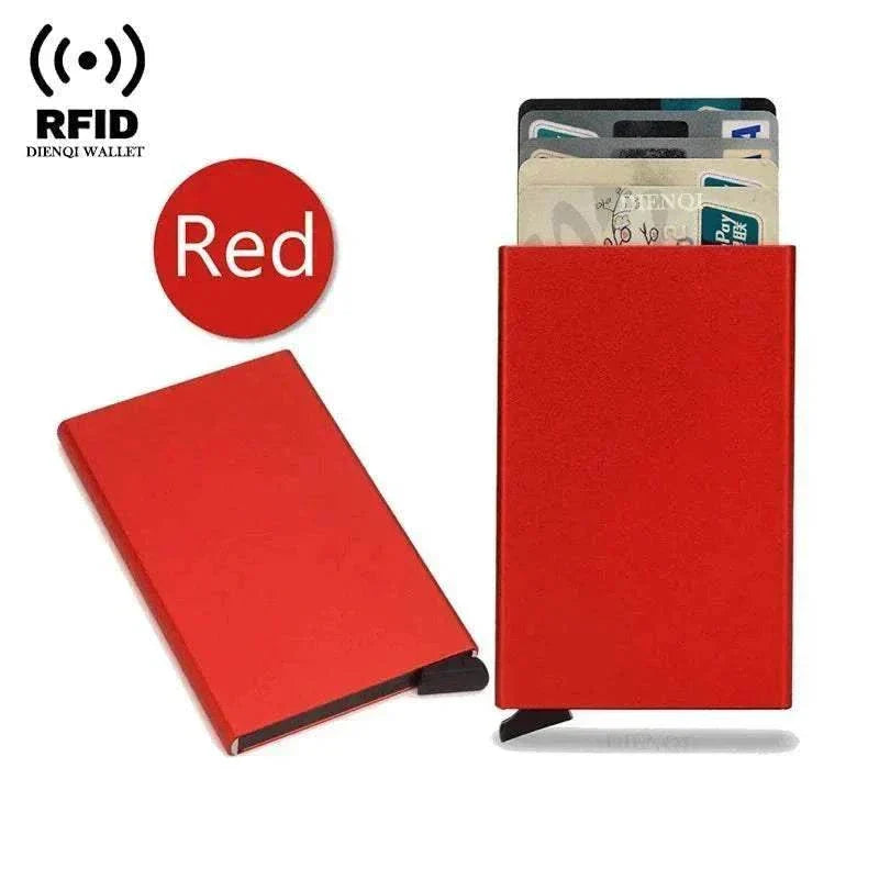Slim metal RFID credit card holder wallet with pop-up function and minimalist black design.