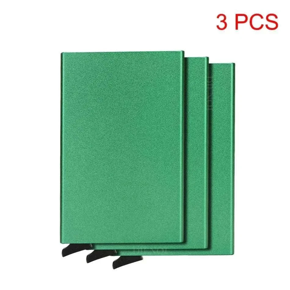 Slim black metal RFID credit card holder with pop-up feature for men and women