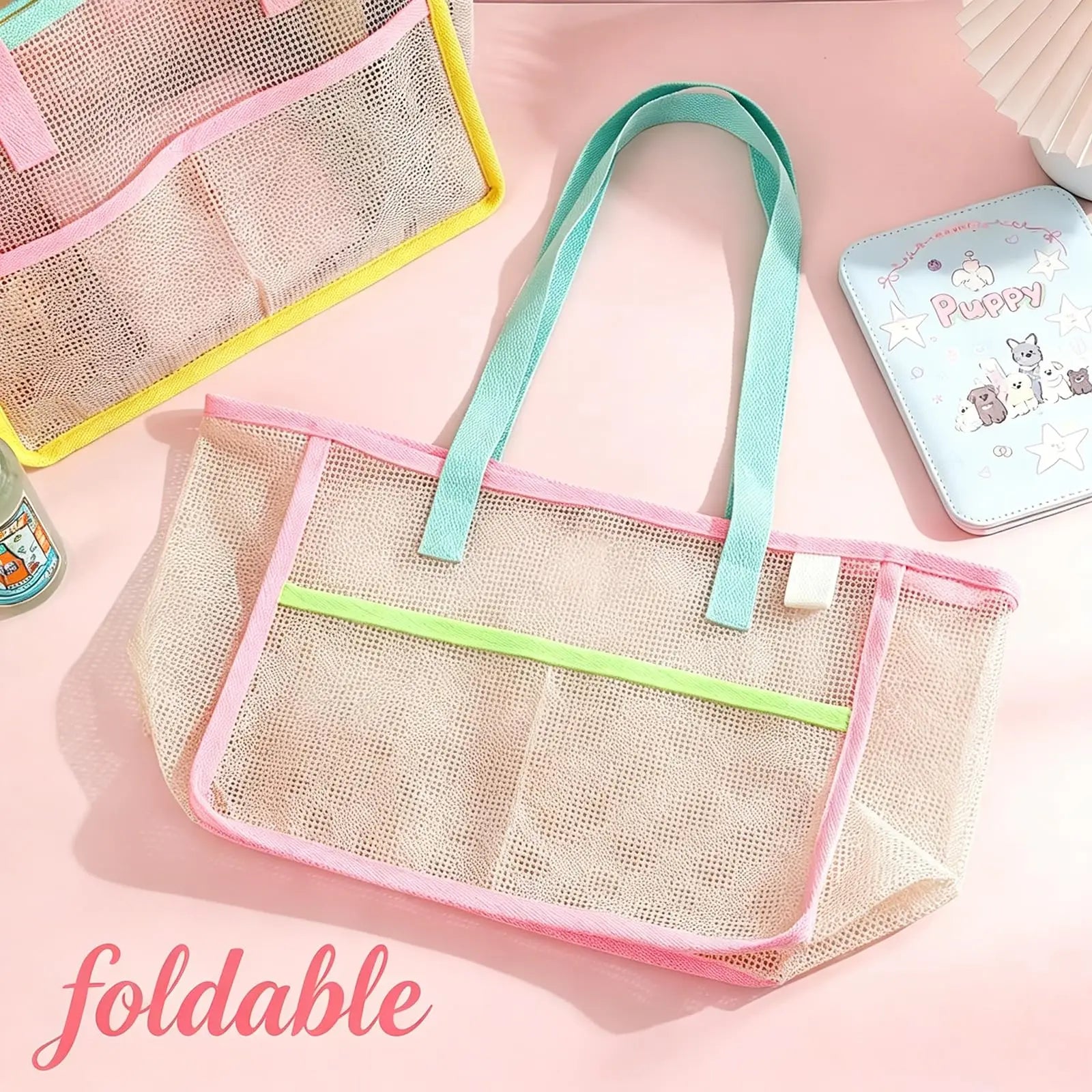 Beach Bags for Women Colorful Foldable Net Sand Tote Bag Travel Pool Storage Pocket for Beach Accessories