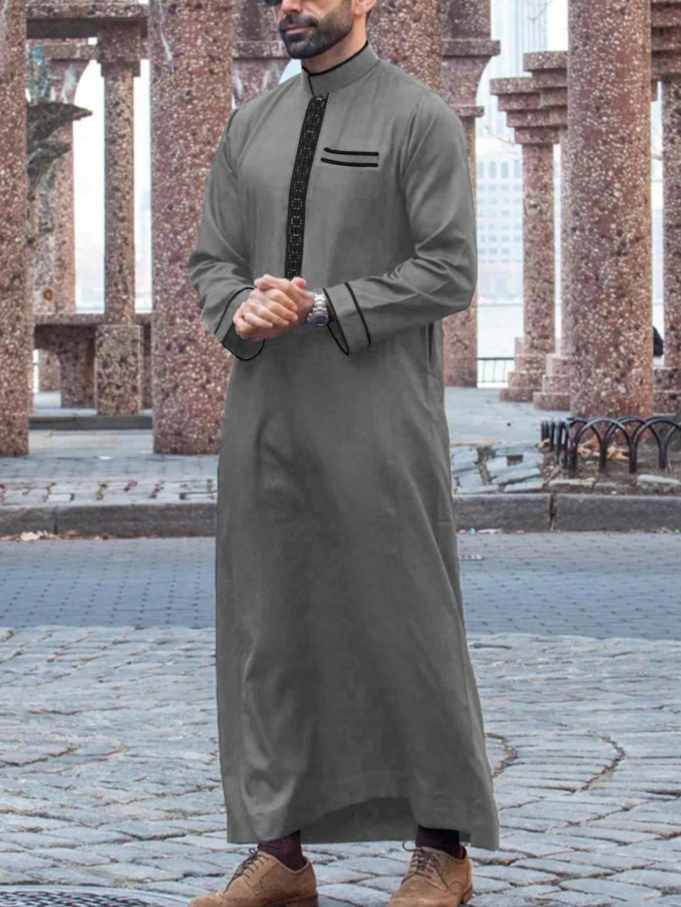 روب رجالي فاخر إسلامي للرجال المسلمين العرب، ثوب عربي رجالي بأكمام طويلة وياقة مطرزة قائمة