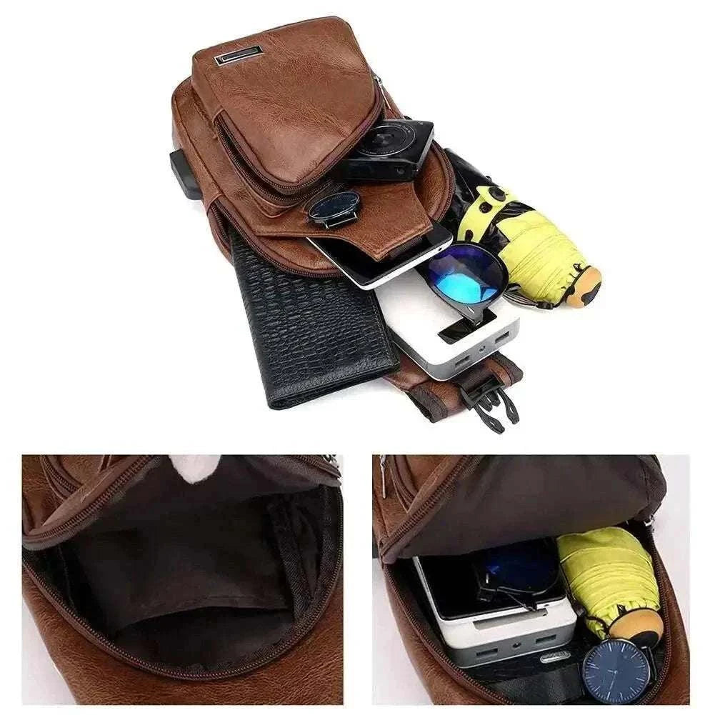 Simple and fashionable casual men's PU chest bag with USB charging port and minimalist design.
