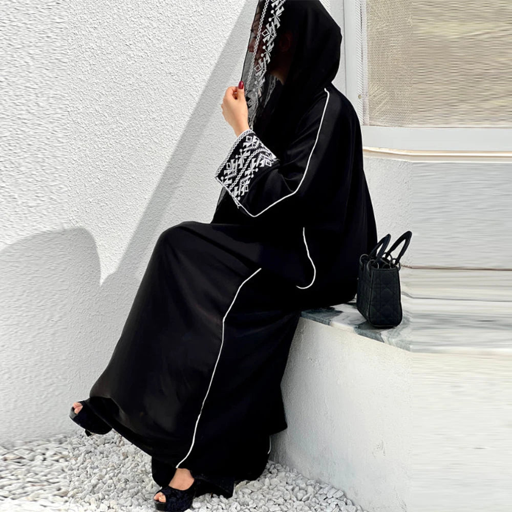 عباية كلاسيكية مطرزة، فستان حجاب، كيمونو، ملابس خارجية، كم طويل، فضفاض، عربي، مسلم، دبي، قفطان مغربي