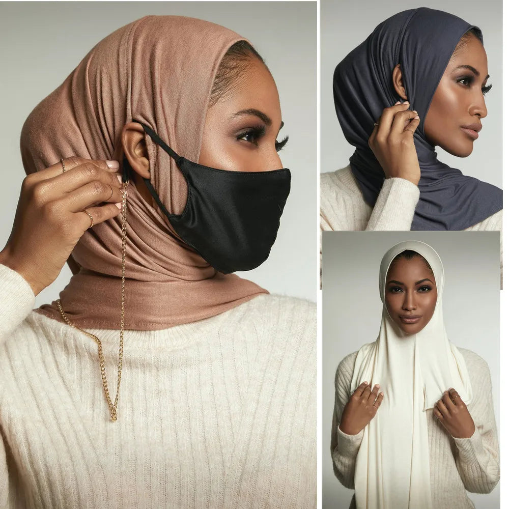 حجاب جاهز للارتداء مع فتحة أذن للنساء، وشاح قطني مطاطي للمسلمات، أغطية رأس نسائية، أوشحة إسلامية للرقبة والرأس
