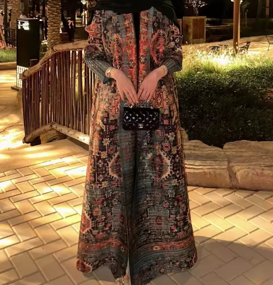 Fold Elegant Vintage Print Open Front Abaya, Lightweight Flowy Loose Fit Women's Modest Fashion Long Kimono Cardigan