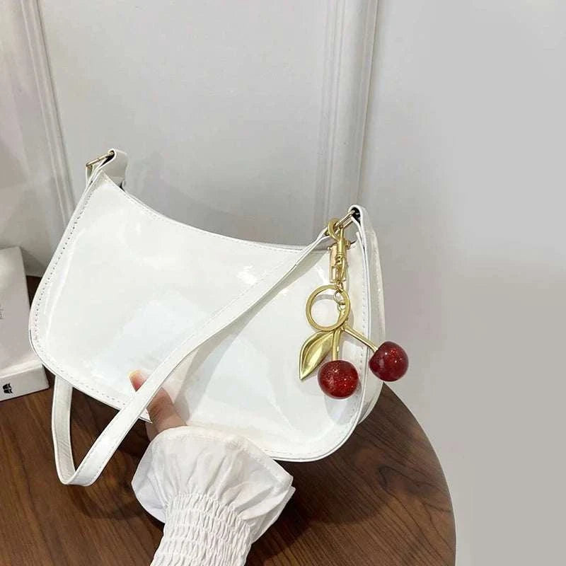 HOMEFIH PU Leather Handbag Solid Color Cherry Pendant Casual Shoulder Bag Versatile Fashion Commuting Bag for Girls Underarm Bag