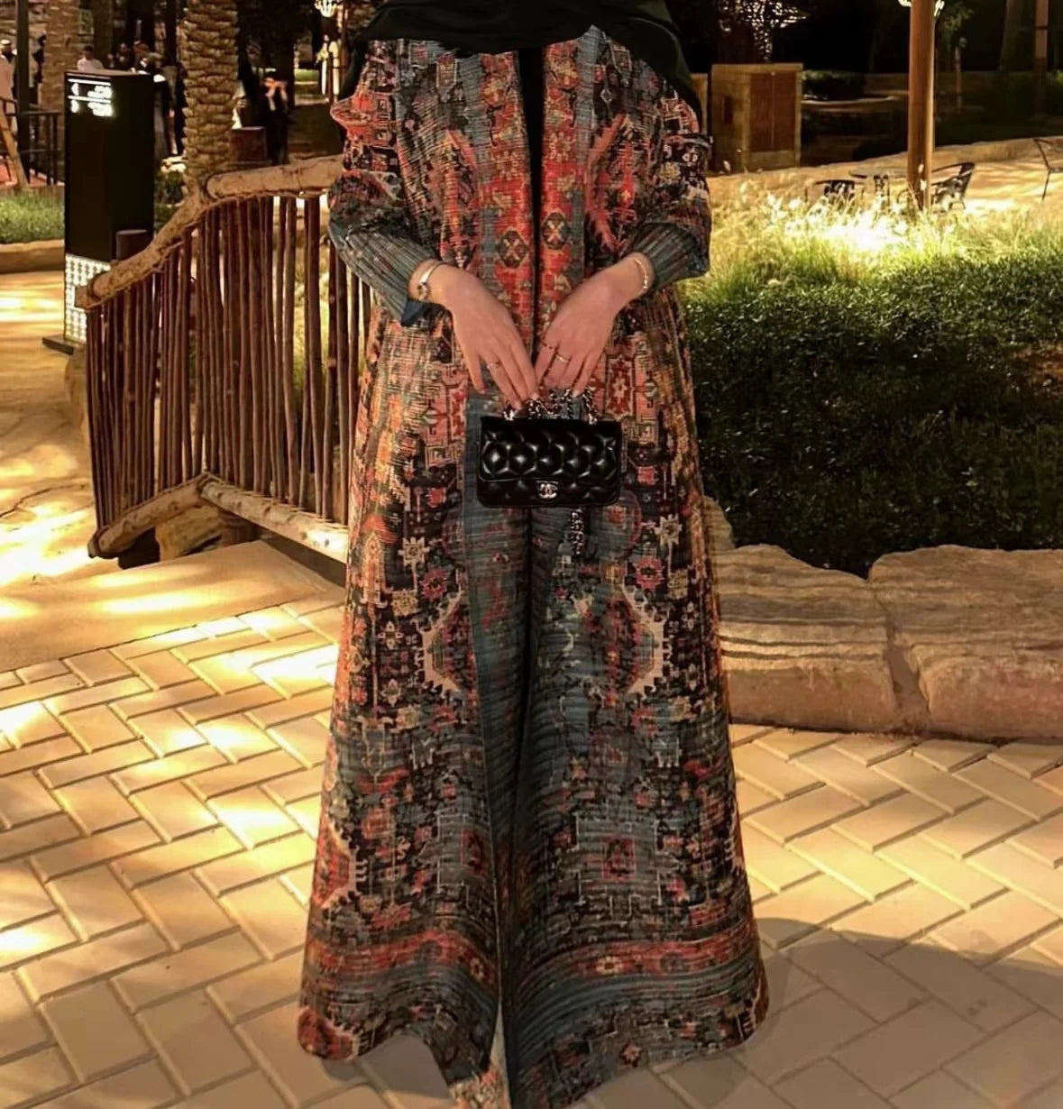 Fold Elegant Vintage Print Open Front Abaya, Lightweight Flowy Loose Fit Women's Modest Fashion Long Kimono Cardigan