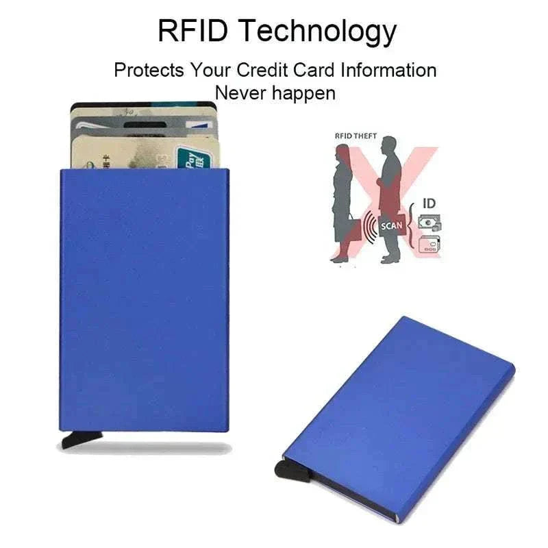 Slim metal RFID credit card holder wallet with pop-up function, black minimalist design for men and women