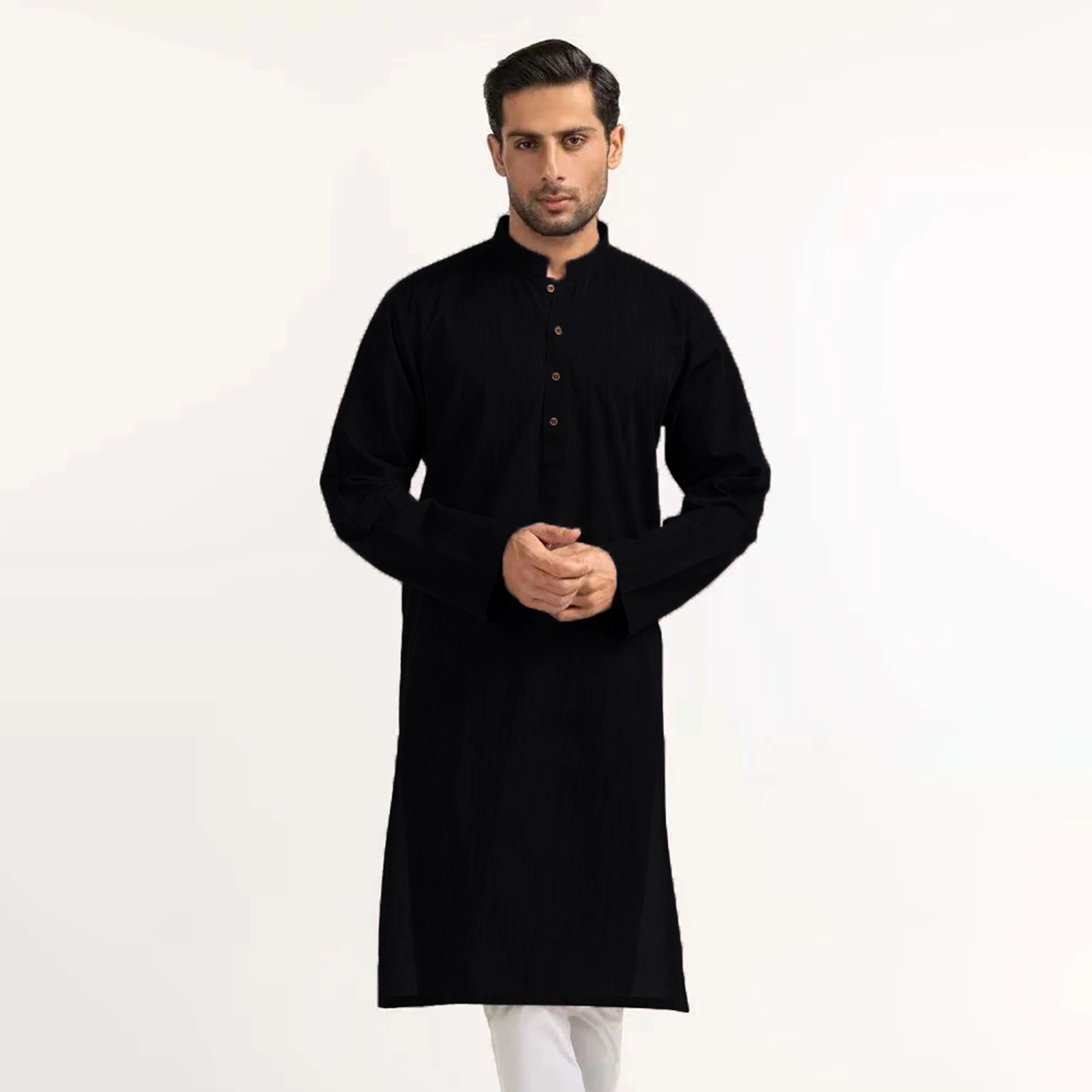 Men's stand-up collar black Muslim robe mid-length personality casual fashion solid color shirt traditional men's clothing