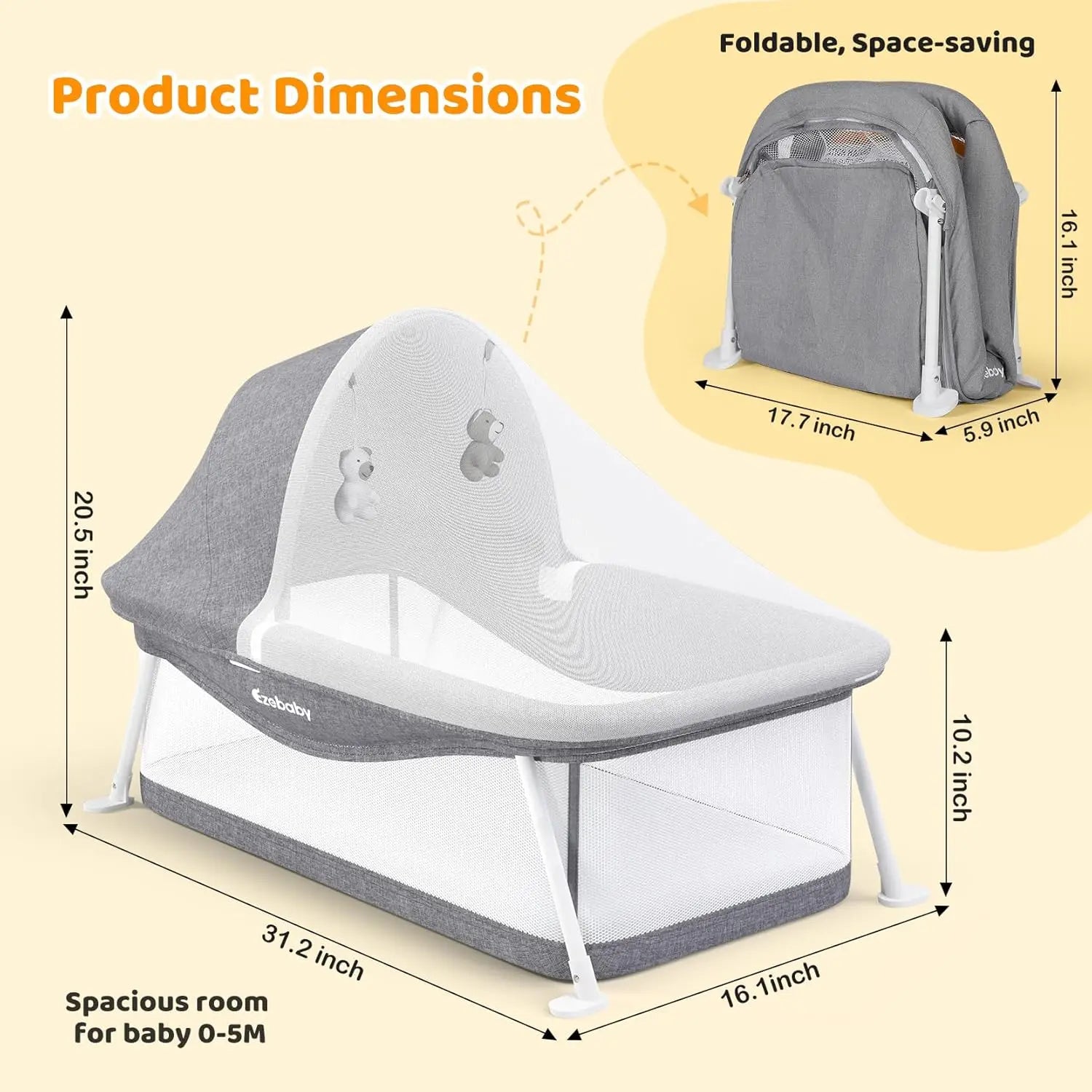Ezebaby portable travel bassinet with foldable frame and padded mattress for newborns 0-5 months
