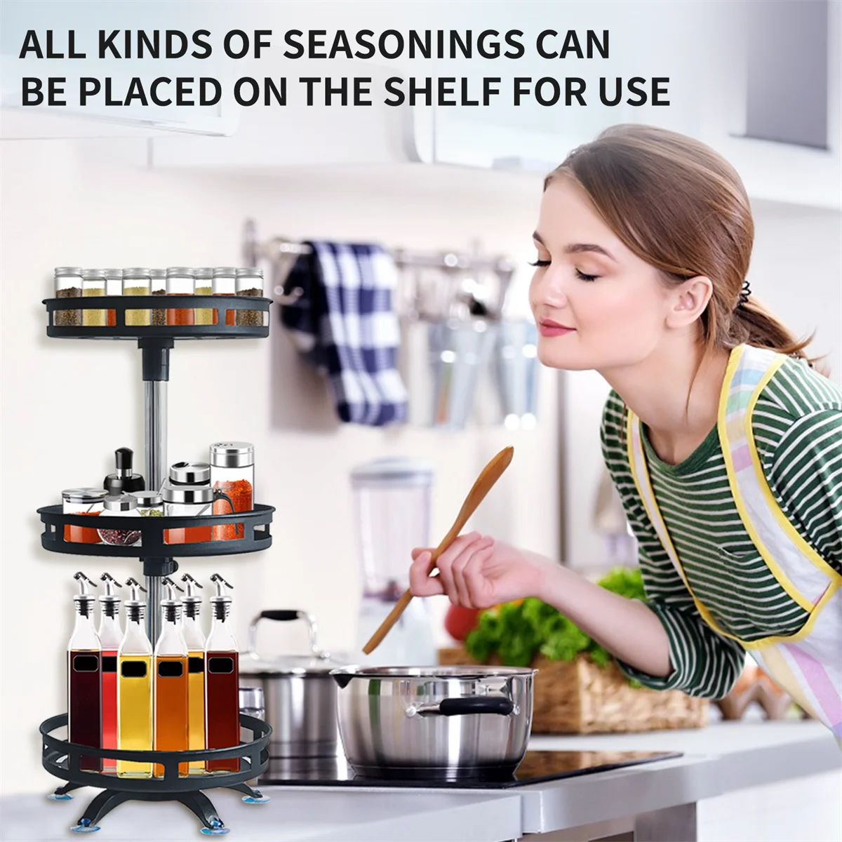 360° Rotation Carbon Steel Spice Rack Organizer Non-Skid Kitchen Storage Tray for Seasonings And Cans - Efficient Spice