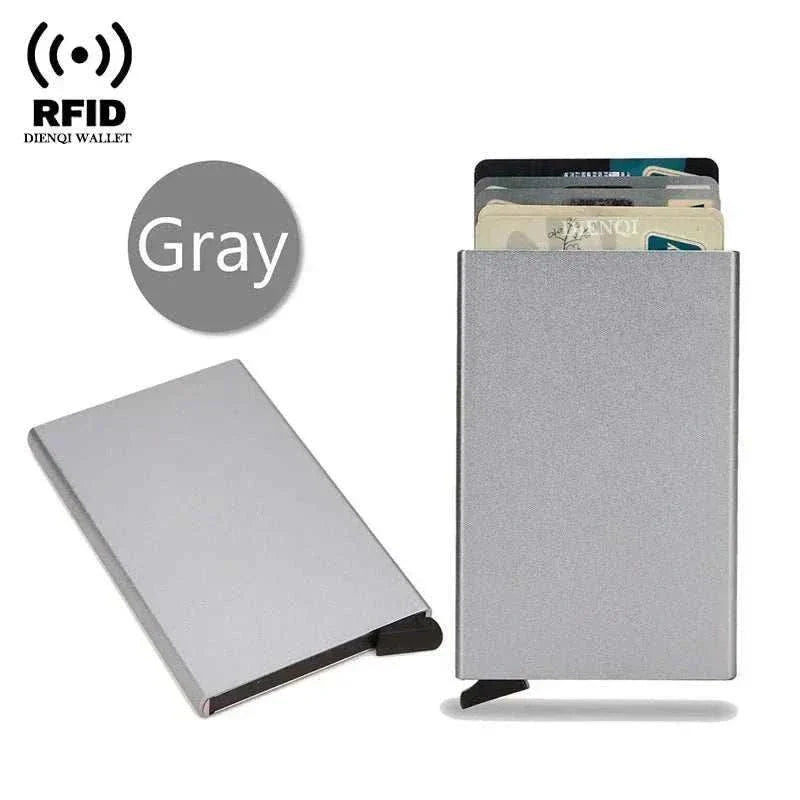Slim black metal RFID credit card holder wallet with pop-up feature for men and women