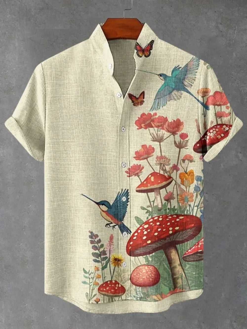 Men's summer street style short sleeved shirt paired with 3D printed linen cardigan, fashionable stand up collar breathable top