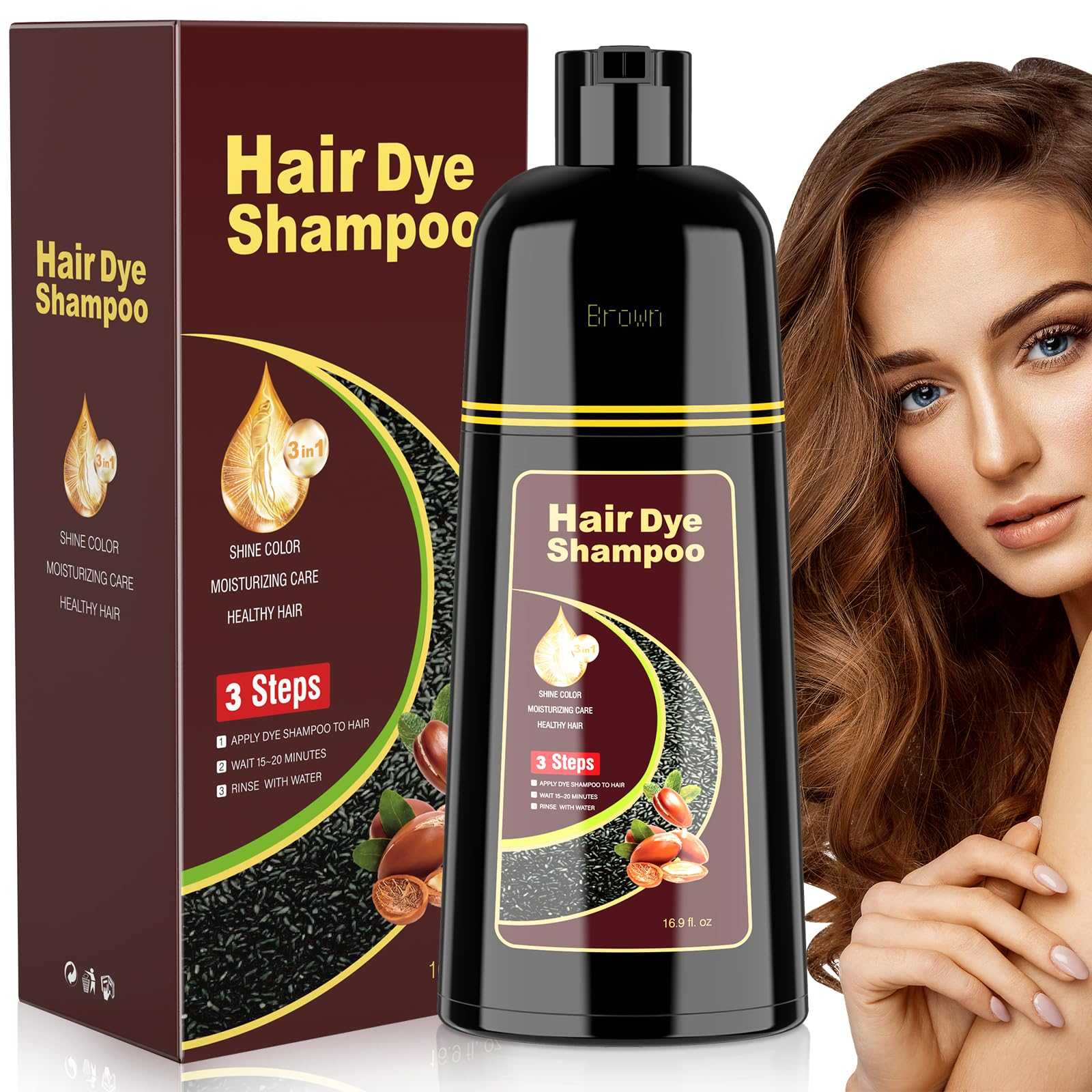 JIESSIA Herbal Brown Hair Color Shampoo 3-in-1 for Men & Women 16.9oz