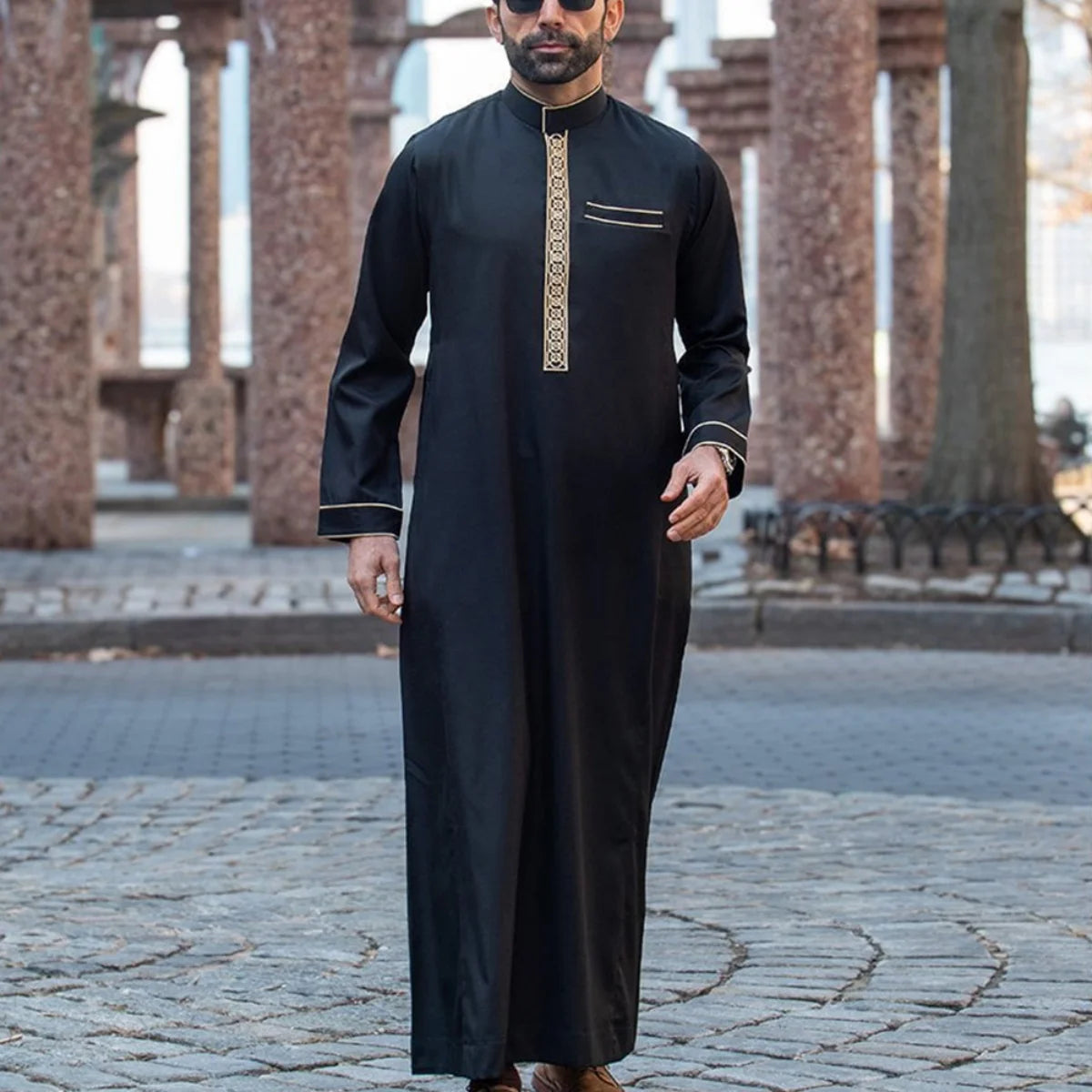 روب رجالي فاخر إسلامي للرجال المسلمين العرب، ثوب عربي رجالي بأكمام طويلة وياقة مطرزة قائمة