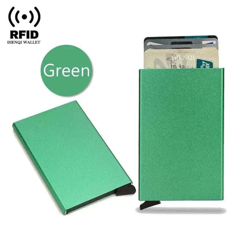 Sleek black metal RFID credit card holder wallet with pop-up function and slim minimalist design for men and women
