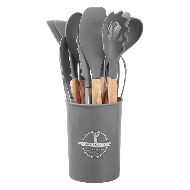 12PCS Silicone Kitchenware Non-Stick Cookware Kitchen Utensils Set Spatula Shovel Egg Beaters Wooden Handle Cooking Tool Set