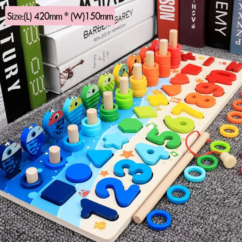 Kids Montessori math toys wooden puzzle fishing counting and shape sorter educational game set for toddlers