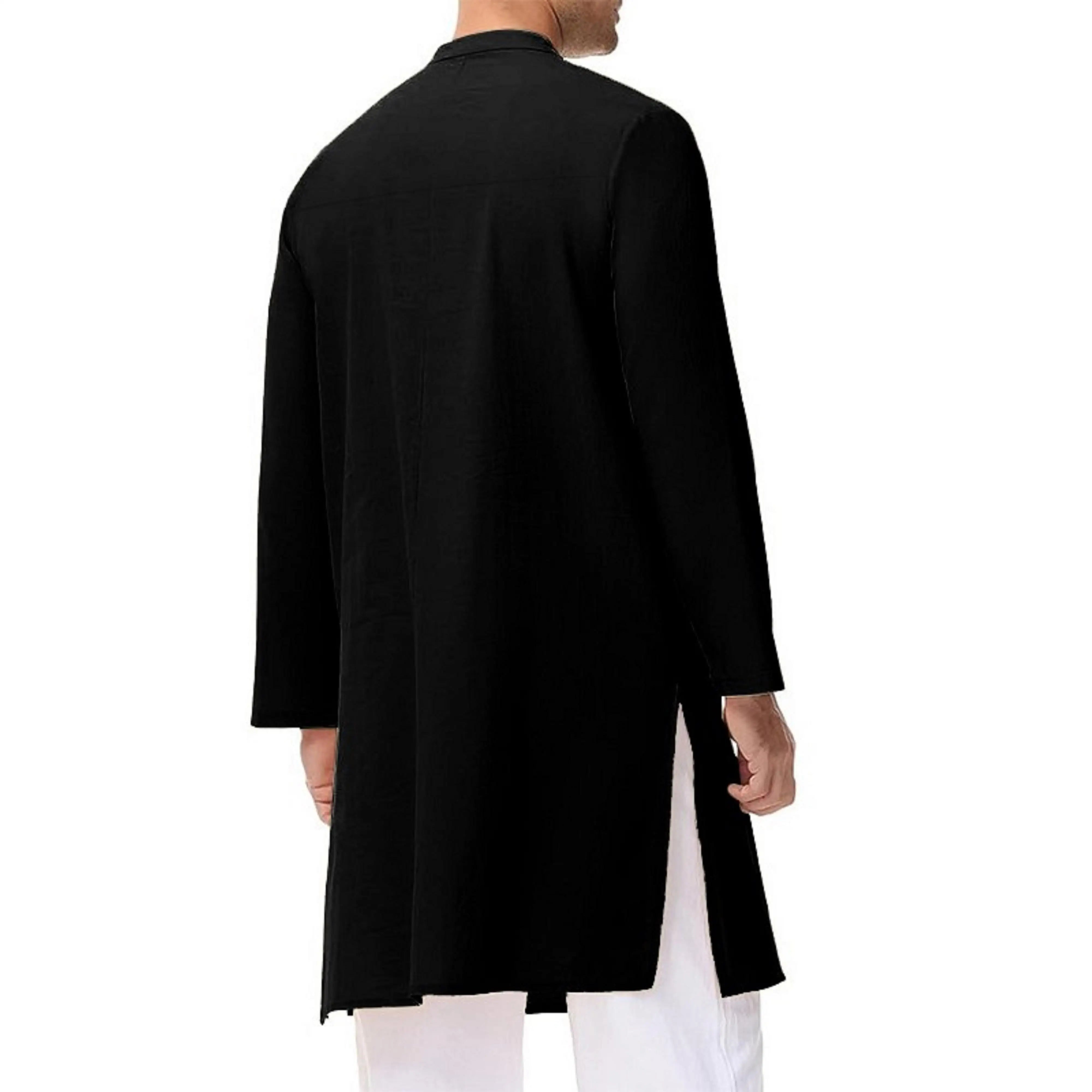 Men's stand-up collar black Muslim robe mid-length personality casual fashion solid color shirt traditional men's clothing