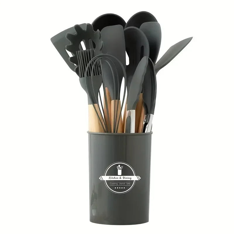12PCS Silicone Kitchenware Non-Stick Cookware Kitchen Utensils Set Spatula Shovel Egg Beaters Wooden Handle Cooking Tool Set