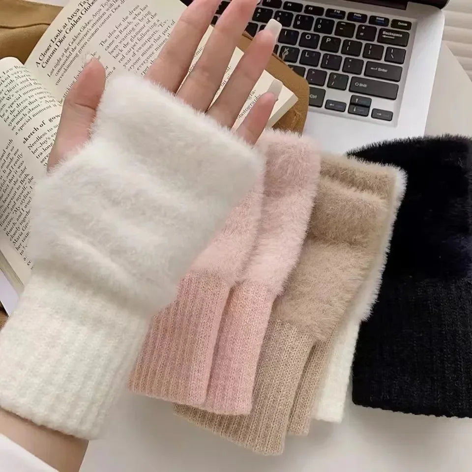 Autumn winter soft mink fleece half finger knitted women's fingerless gloves in white, khaki, and black colors